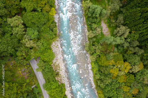 富山県、岐阜県の神通川、高原川をドローンで撮影した空撮写真  Aerial photos taken by drone of the Jinzu River and Takahara River in Toyama and Gifu Prefectures.  photo