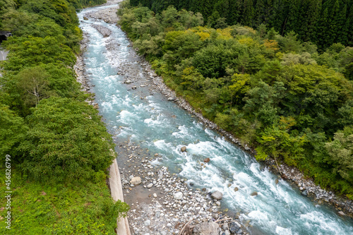 富山県、岐阜県の神通川、高原川をドローンで撮影した空撮写真  Aerial photos taken by drone of the Jinzu River and Takahara River in Toyama and Gifu Prefectures.  photo