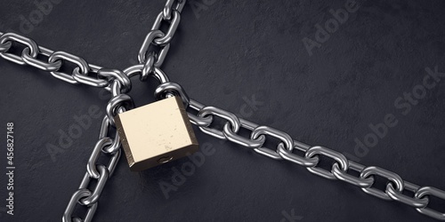 Chained and locked by a padlock. Closeup.