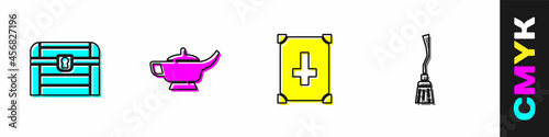 Set Antique treasure chest, Magic lamp or Aladdin, Ancient magic book and Witches broom icon. Vector