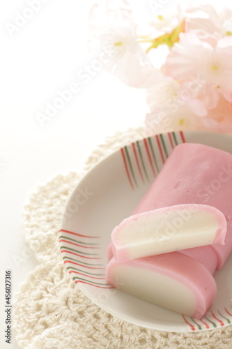 Japanese food  pink and white fish cake on dish for food ingredient image