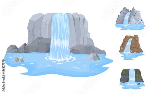 Set waterfall, landscapes with mountains and trees