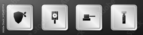 Set Vandal, Spray can nozzle cap, and Marker pen icon. Silver square button. Vector