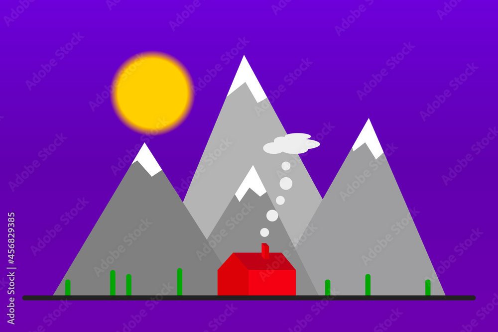 House with smoke and mountains and the sun in the background landscape