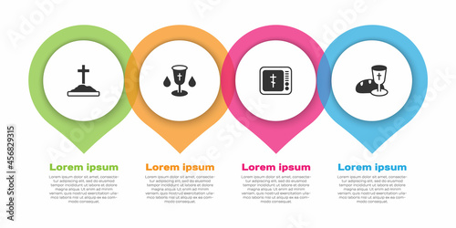 Set Grave with cross, Christian chalice, Online church pastor preaching and Goblet and bread. Business infographic template. Vector