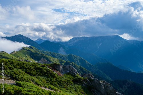Fototapeta Naklejka Na Ścianę i Meble -  長野県安曇野市にある燕岳を登山する風景 A view of climbing Mt. Tsubame in Azumino City, Nagano Prefecture. 