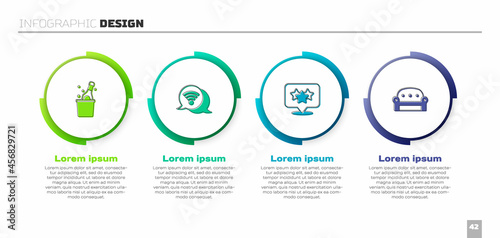 Set Bottle of champagne, Wi-Fi wireless internet, Stars rating and Sofa. Business infographic template. Vector