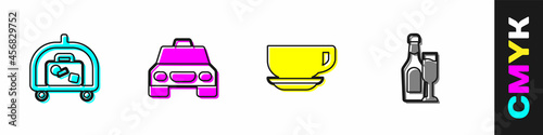 Set Hotel luggage cart, Taxi, Coffee cup and Champagne bottle with glass icon. Vector