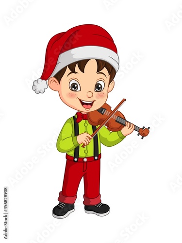 Cartoon little boy wearing christmas costume playing violin