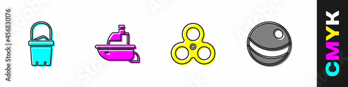 Set Sand in bucket, Toy boat, Fidget spinner and Beach ball icon. Vector