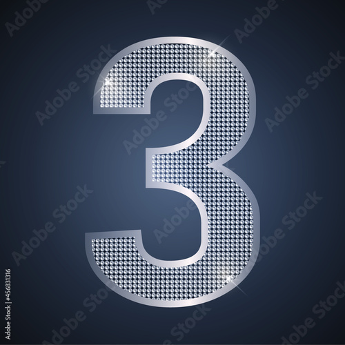 Vector silver number three 3 with gems for Third year birthday or anniversary celebration. Luxury design for poster, banner, birthday, new year card. EPS10