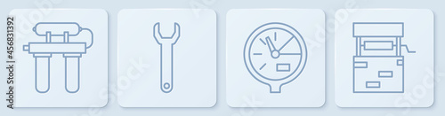 Set line Water filter, Water meter, Wrench spanner and Well. White square button. Vector