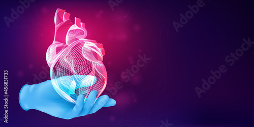 3D human heart silhouette on a doctor's hand in a blue rubber glove. Anatomical medical concept with the wireframe of a human organ on abstract background. Vector illustration in neon lineart style