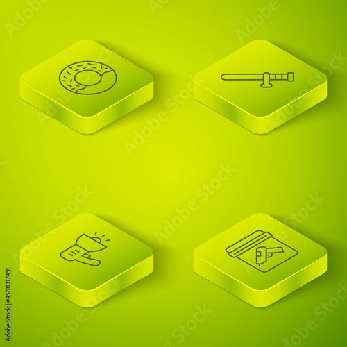 Set Isometric line Police rubber baton, megaphone, Evidence bag with gun and Donut icon. Vector