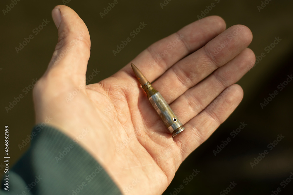 Blank cartridge in the palm of your hand. Bullet for firearms. Shell for the machine.