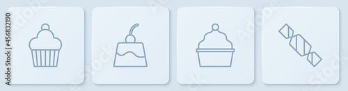 Set line Cake, , Pudding custard and Candy. White square button. Vector