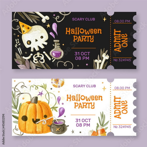 watercolor halloween tickets set vector design illustration