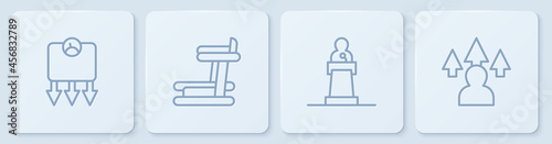Set line Weight loss, Speaker, Treadmill machine and Front end development. White square button. Vector