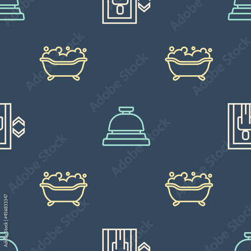 Set line Lift, Bathtub and Hotel service bell on seamless pattern. Vector