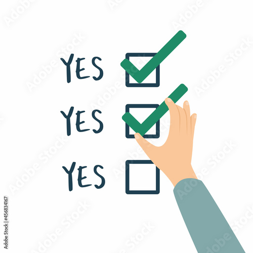 check mark, checklist, filled out questionnaire with hand