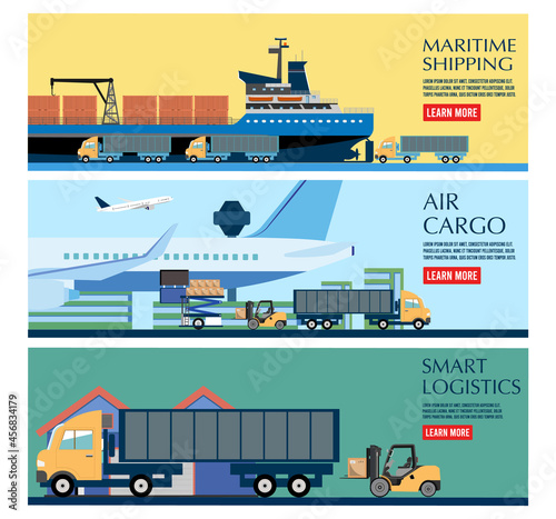 Modern Global logistic service concept with set of maritime, truck and air transport delivery services for export, import,