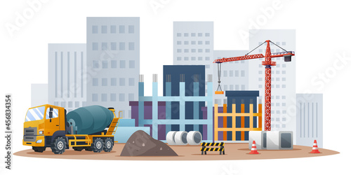 Construction site concept with concrete mixer truck and material equipment illustration