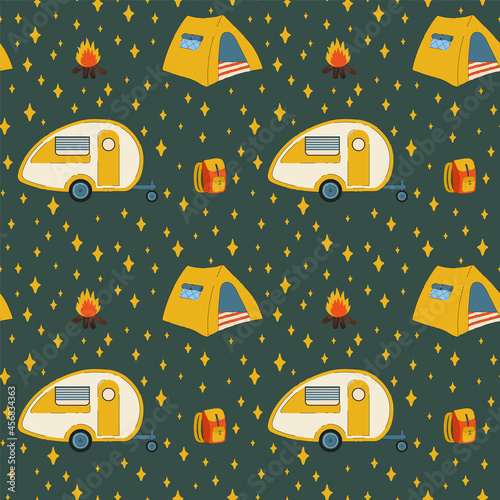 Pattern with tent and RV camping. Colorful background with a mobile home on wheels for relaxing in the forest. Camping, auto-caravan, travel. Living in nature in a camping house. Vector illustration photo