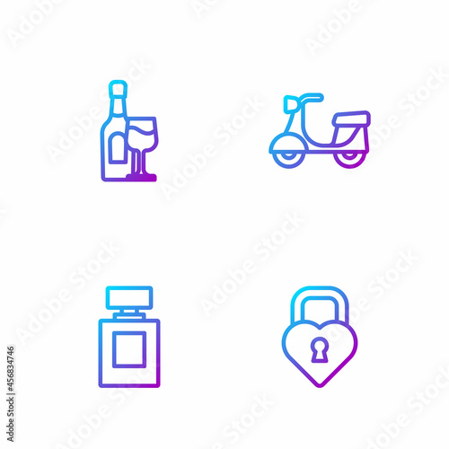 Set line Castle in the shape of heart, Perfume, Wine bottle with glass and Scooter. Gradient color icons. Vector