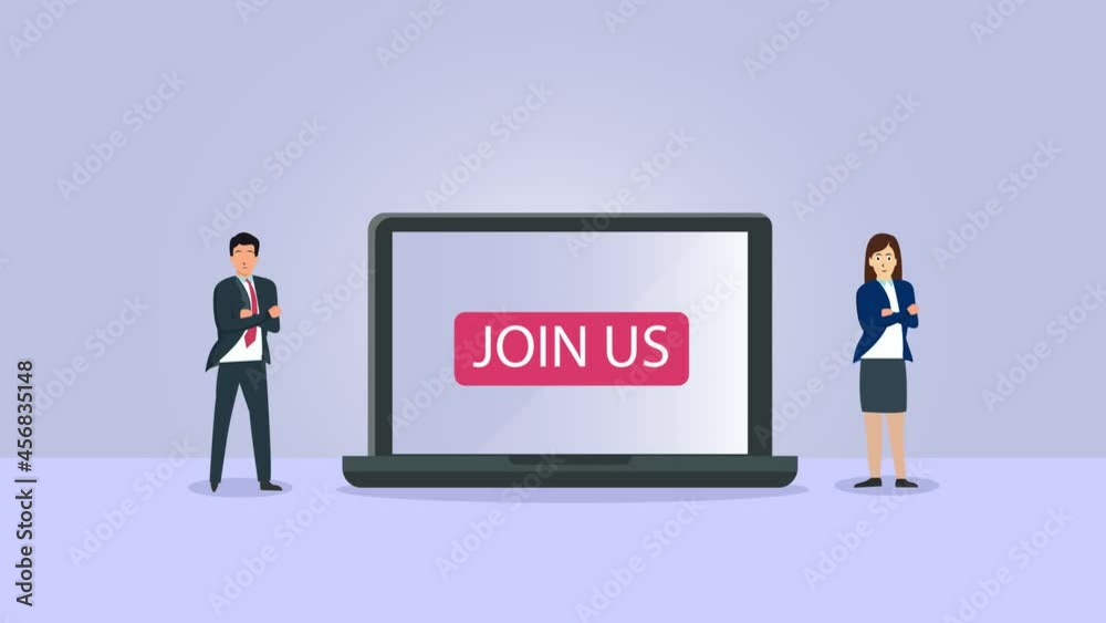 Two business people standing with Join Us text Two business people standing with Join Us text