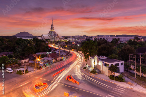 Aerial view pagoda at Wat Sothon Wararam in sunset time, Chachoengsao Province, Thailand
