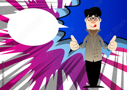 Funny cartoon man dressed for winter making thumbs up sign with two hands. Vector illustration.