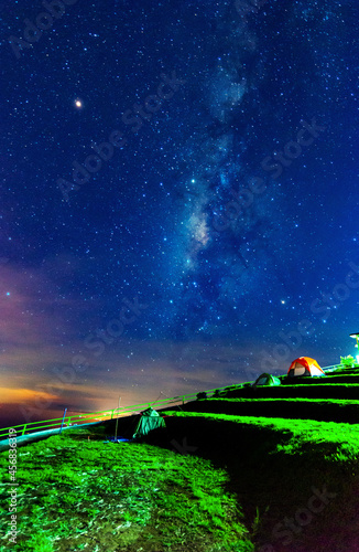 Milky Way with stars and tent in foreground, Family camping in the North Thailand © tonjung