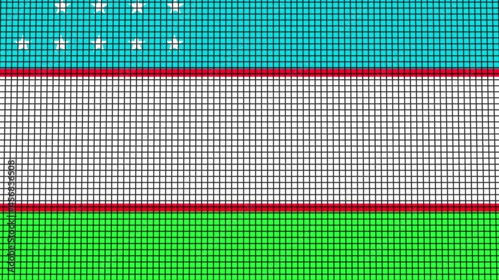 Uzbekistan Flag animated in pixel grid style technology background