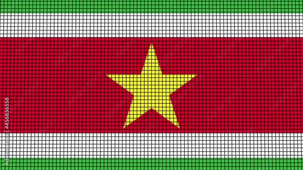 Suriname Flag animated in pixel grid style technology background