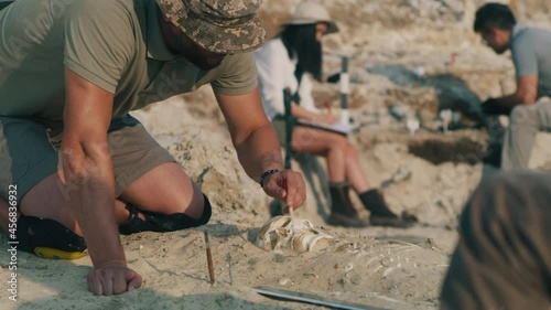 Male archaeologist working with human skeleton during archeology dig mission  photo