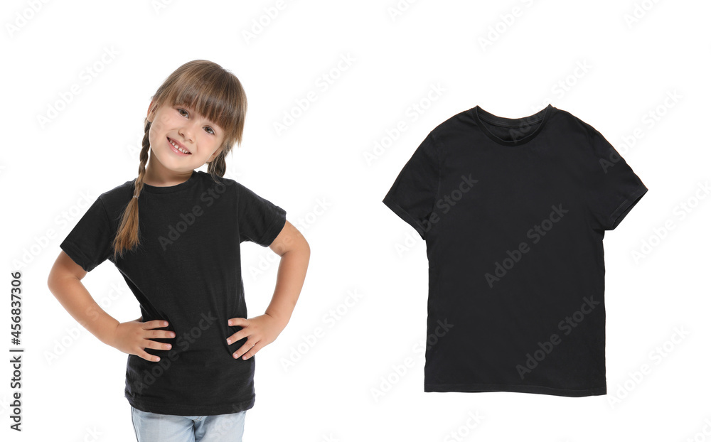 Little girl in blank t-shirt on white background Little girl in blank t-shirt on white background