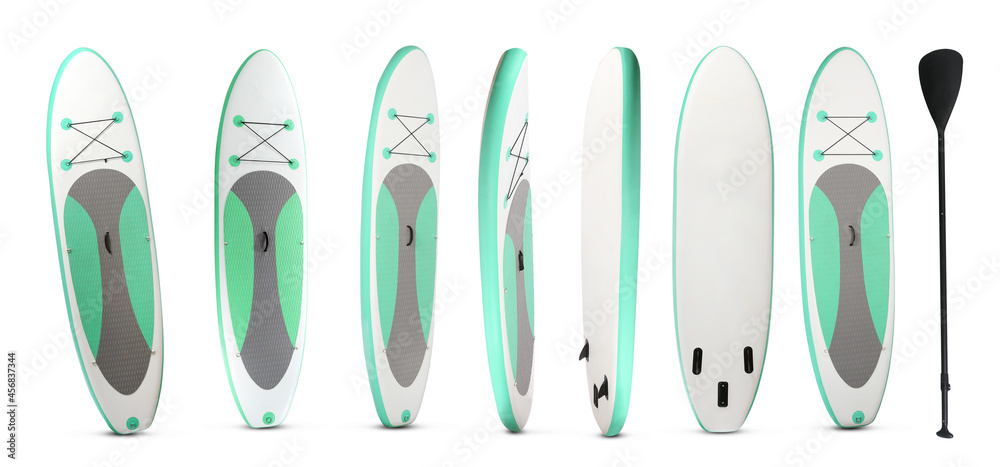 Collage of sup board with paddle on white background Collage of sup board with paddle on white background
