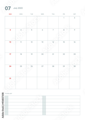 July 2022 calendar template illustration. Note, scheduler, diary, planner document template illustration.