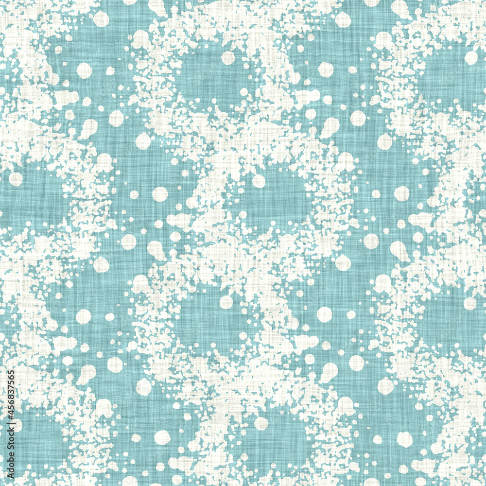 Aegean teal mottled rustic circle linen texture background. Summer dotted coastal living style. Light turquoise blue cloth effect textile seamless pattern. Washed out beach cottage fabric material. 