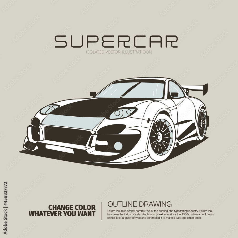 Luxury modern super car outline drawing vector illustration. 