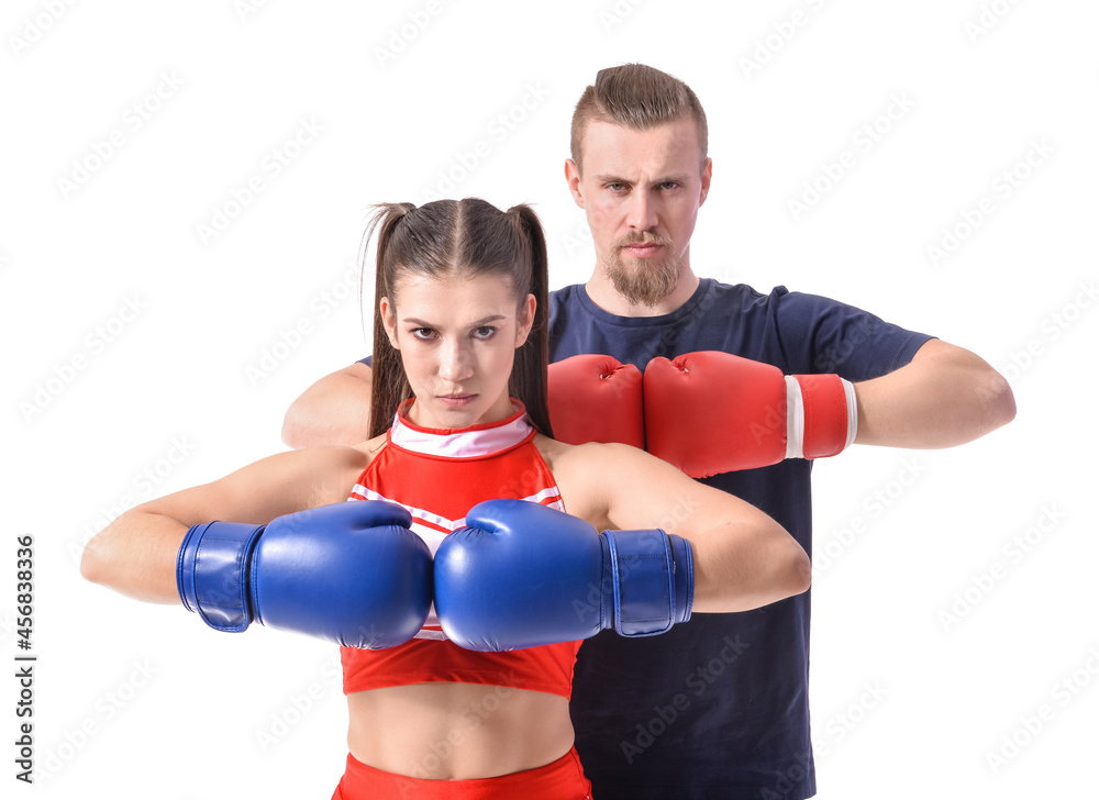 Cheerleader and boxer on white background