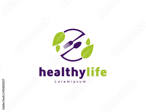 Healthy food logo design with green leaves