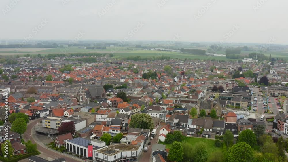 Aerial backward flight over the downtown of Axel city in the Netherlands Aerial backward flight over the downtown of Axel city in the Netherlands