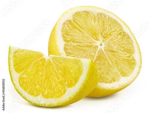 Juicy lemons isolated on the white background. Lemon half and slice. Fresh fruits isolated on white background