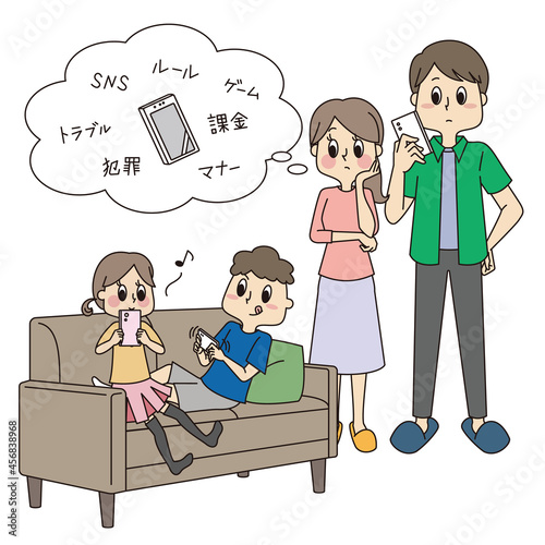 スマホを使って動画やゲームで遊ぶこども達と心配そうに見守る親