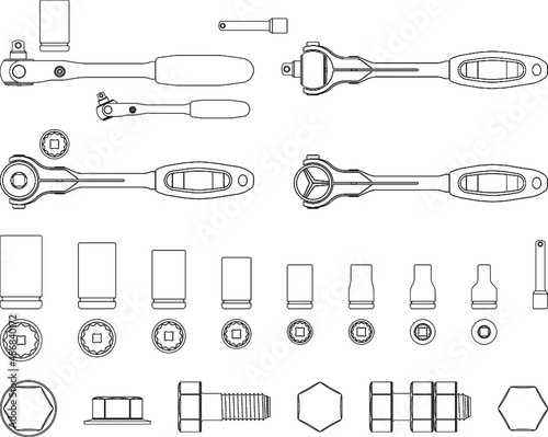 Key-lined Socket wrench kit + bolts – easy to edit 