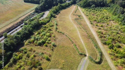 Aerial: Bat field garden at Natterer's Wood, Suffolk - drone flying shot photo