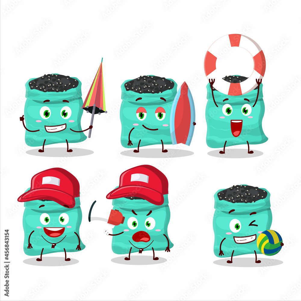Happy Face black turtle beans cartoon character playing on a beach