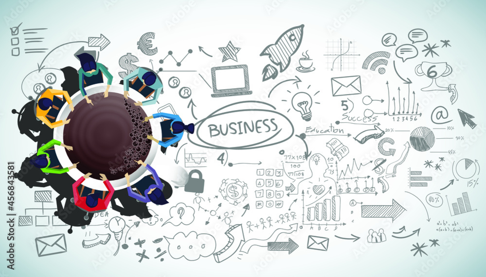 Fototapeta premium Businessman and woman brainstorm success with Coffee cup, plan,think,search,analyze,communicate, futuristic idea innovation technology modern.vector