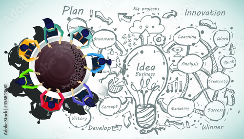 Businessman and woman brainstorm success with  Coffee cup,  plan,think,search,analyze,communicate, futuristic idea innovation technology modern.vector
